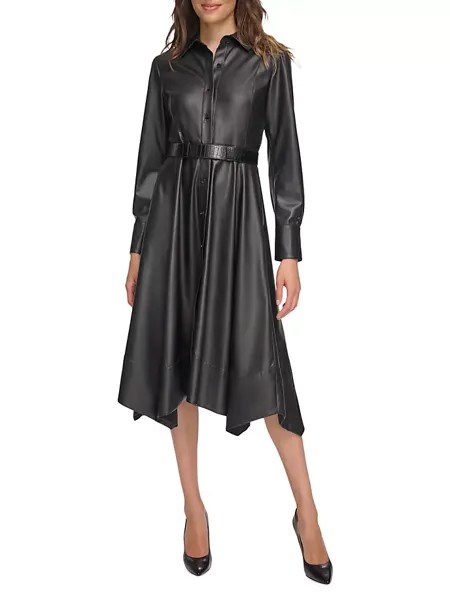 Платье-рубашка миди из искусственной кожи Vintage Glam Donna Karan New York, черный