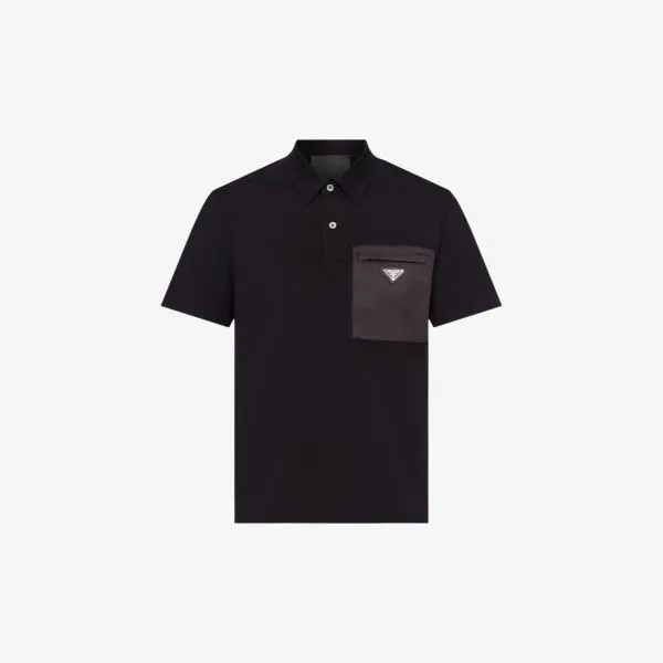 Рубашка поло из эластичного хлопка с фирменной бляшкой и нейлоновыми карманами Prada, черный