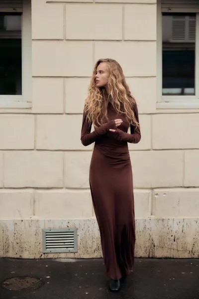 Длинное драпированное платье ZARA, цвет tobacco