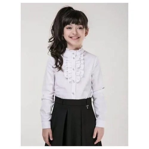 Школьная блузка с рюшами и воротником-стойкой, белая, LETTY, LC7G-BL-32C-white (146 белый)