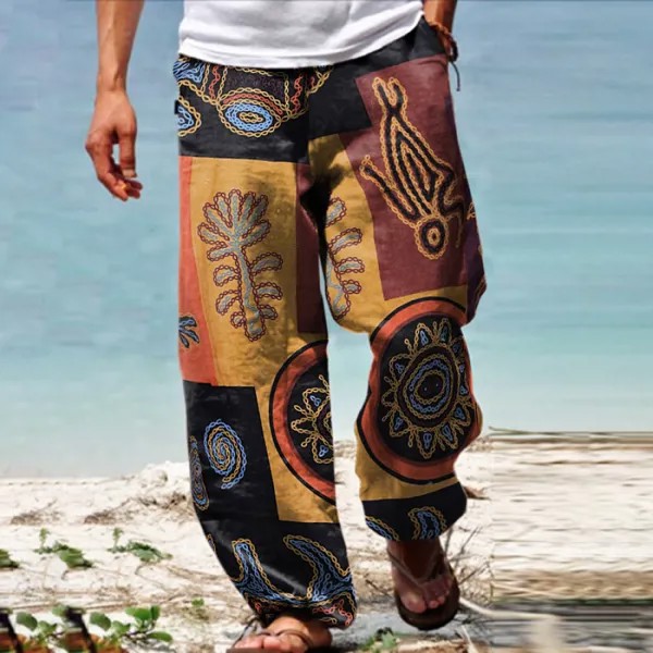 Мужские льняные свободные брюки в стиле вестерн с этническим принтом в стиле бохо и двойными карманами стрейч