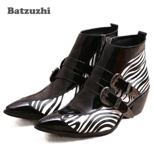 Batzuzhi японский Тип мужские ботинки 6,5 см обувь на высоком каблуке с острым носком и пряжкой для мужчин; Кожаные ботинки полосы зебры шаблон кожаные ботильоны для мужчин