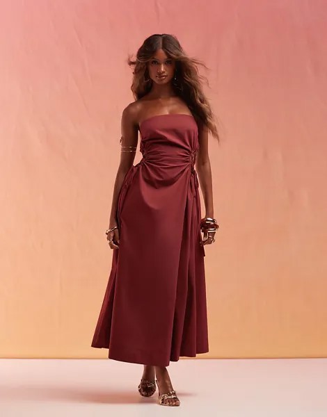 ASOS DESIGN – Бордовое платье миди с вырезом-бандо и декоративной завязкой на талии