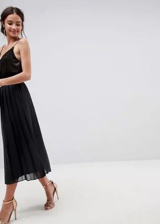 Плиссированная юбка миди из шифона с присборенной талией ASOS DESIGN-Черный цвет
