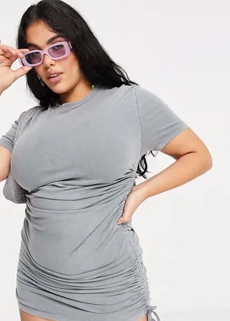 Голубое платье-футболка мини со сборками и эффектом кислотной стирки ASOS DESIGN Curve-Голубой