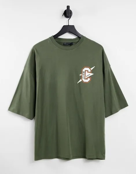 Oversized-футболка цвета хаки с логотипом на груди ASOS DESIGN-Зеленый цвет