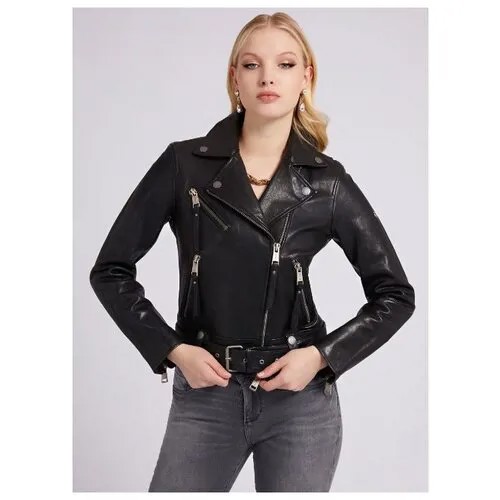 Кожаная куртка  GUESS демисезонная, укороченная, силуэт прилегающий, карманы, размер S, черный