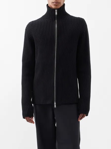 Шерстяной кардиган в рубчик на молнии на молнии Jil Sander, черный