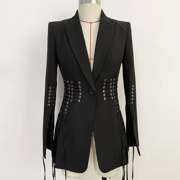 Женский бандажный Блейзер на одной пуговице, пальто на шнуровке, весна 2022, новый европейский стиль, женский черный пиджак с разрезом на спине