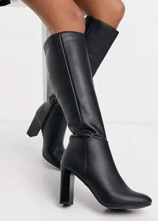 Черные сапоги до колена из искусственной кожи с блочным каблуком Lipsy-Черный цвет