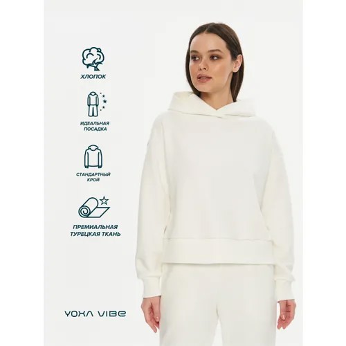 Худи YOXA VIBE, силуэт свободный, укороченное, трикотажное, без карманов, капюшон, размер M, экрю, белый