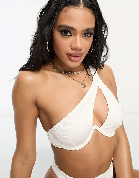 South Beach – Mix & Match – Кремовый лиф бикини на косточках в рубчик с одной бретелькой