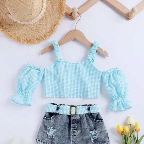 Дети Девочки Мода 2-Piece Наряд Set Off Плечевые Топы + Джинсовые шорты Комплект для детей Девочки