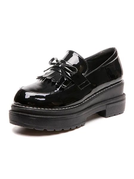 Milanoo Women's Flatform Fringe Loafers in Black Patent Leather