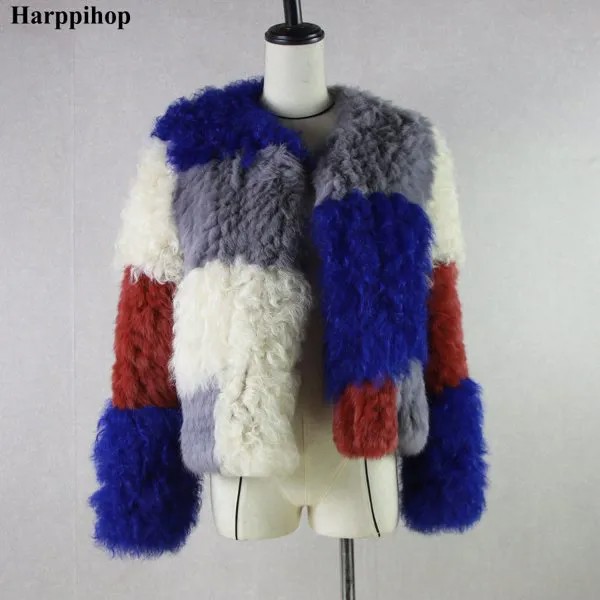 HARPPIHOP * Design кроличья меховая монгольская меховая овчина, комбинированная вязаная зимняя куртка, шуба, верхняя одежда, короткий стиль