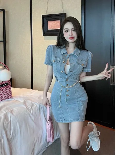 Корейская мода однотонная пышная Сексуальная мини-юбка с рукавами женское весенне-Летнее Платье джинсовое платье мини платья для женщин