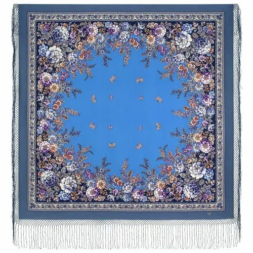 Платок Павловопосадская платочная мануфактура,148х148 см, голубой, серебряный