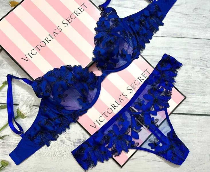 Victorias Secret LUXE Деми-бюстгальтер-стринги без подкладки с цветочной вышивкой Blue Oar