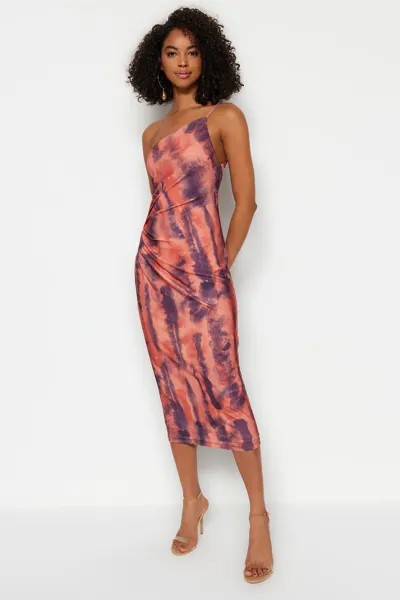Приталенное миди-платье с принтом на одно плечо эластичного трикотажа Trendyol, коричневый