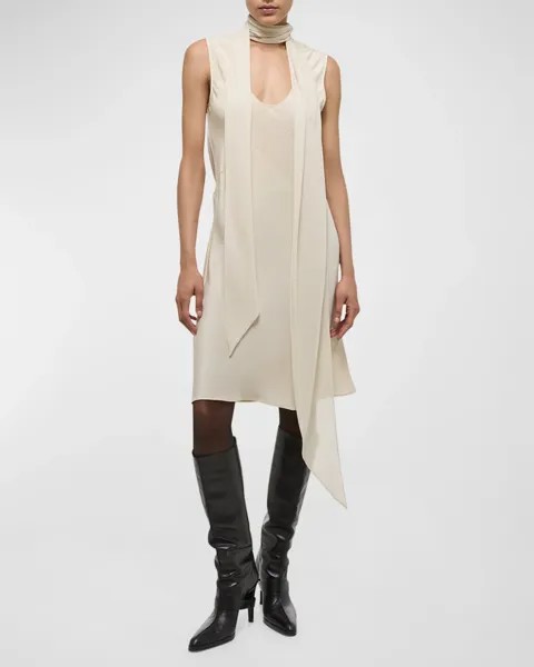 Платье с шелковым шарфом без рукавов Helmut Lang, цвет Oat