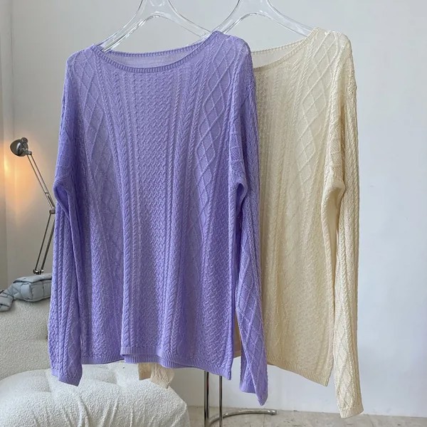 Женский свитер из смешанного шелка тутового шелкопряда, элегантные пуловеры фиолетового/абрикосового цвета, свободные свитеры для ранней ...