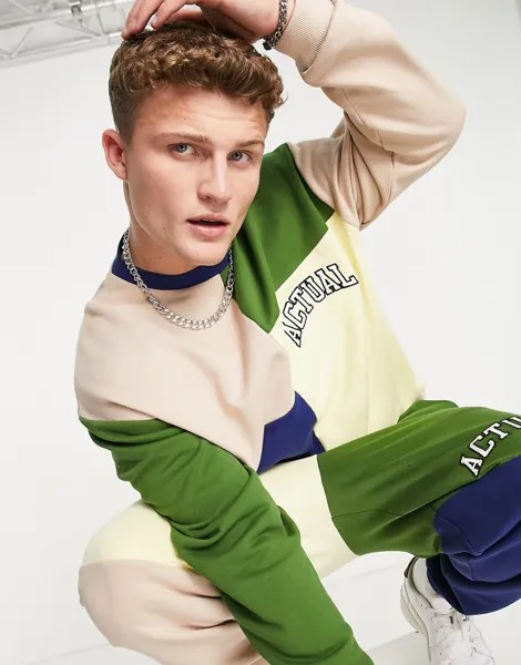 Бежевый oversized-свитшот в стиле колор блок с принтом логотипа от комплекта ASOS Actual-Светло-бежевый цвет