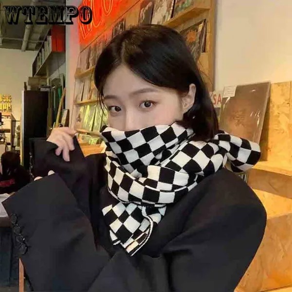 Черно-белая шахматная доска Клетчатый шарф Зимние корейские студенты Все матчи Теплый вязаный шарф