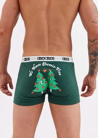 Боксеры-брифы цвета хаки с принтом новогодней елки и мятно-зеленым поясом ASOS DESIGN Christmas-Зеленый