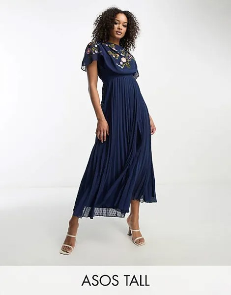 Темно-синее платье миди со складками и вышивкой спереди ASOS DESIGN Tall