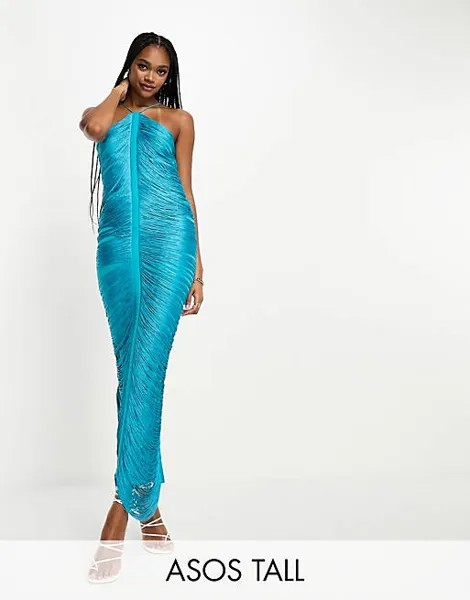 Бирюзовое платье макси с драпировкой и бахромой ASOS DESIGN Tall