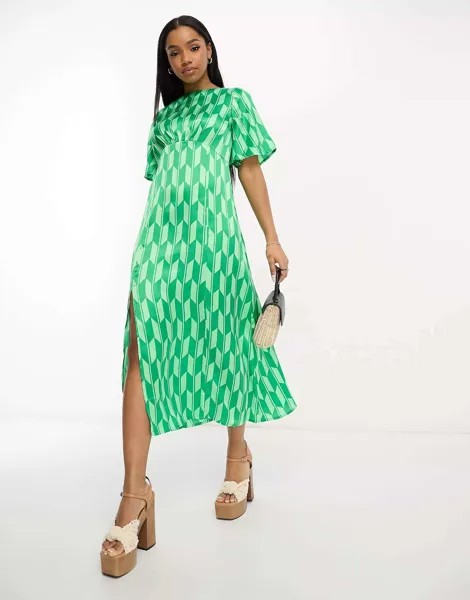 Зеленое атласное чайное платье миди Influence с абстрактным принтом