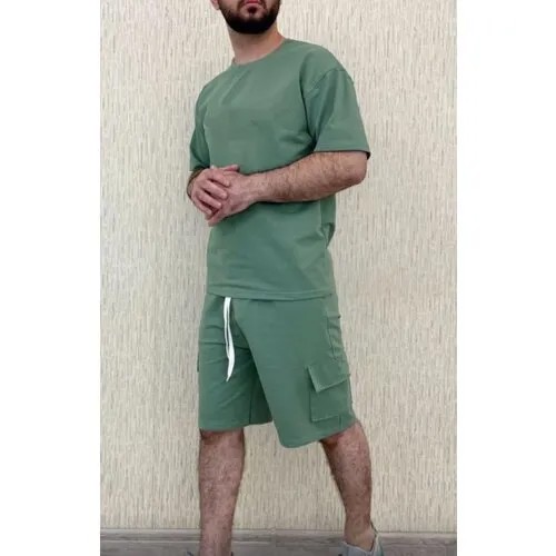 Костюм , футболка, майка и шорты, оверсайз, карманы, размер XXL, хаки