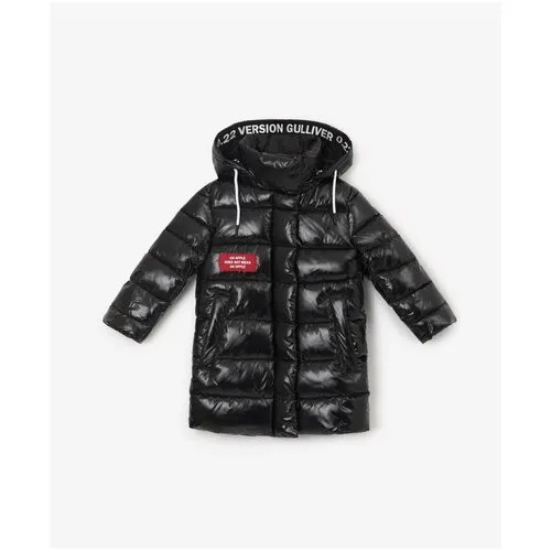 Стеганое пальто из глянцевой плащовки с крупным принтом черное Gulliver, размер 104, модель 12201GMC4501