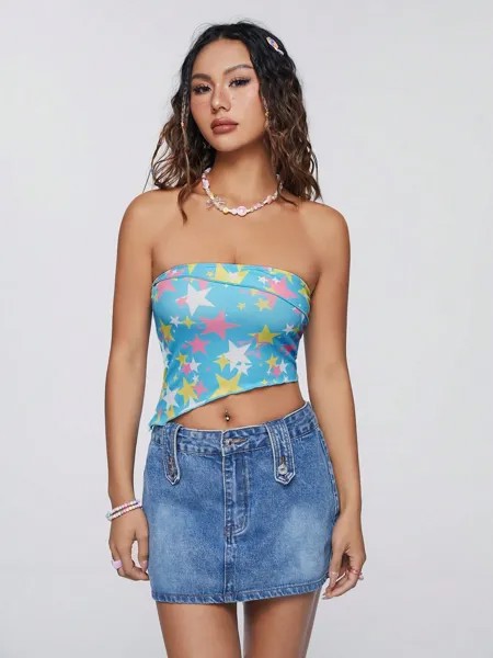 SHEIN Рубашка без бретелек Qutie, звездный принт, асимметричный низ, многоцветный