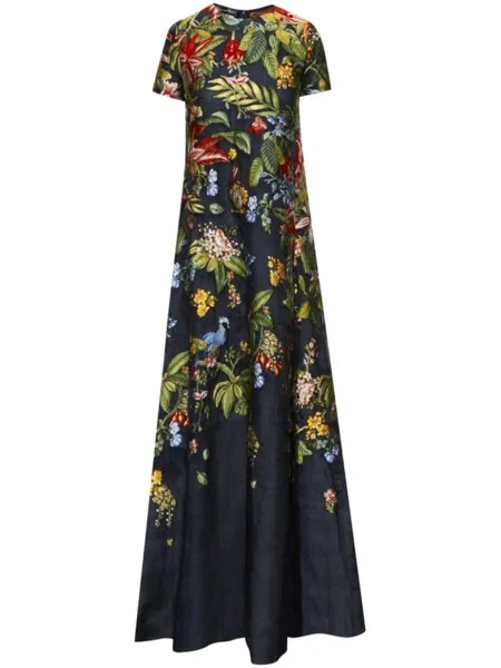 Платье с короткими рукавами и принтом Flora & Fauna Oscar de la Renta, синий