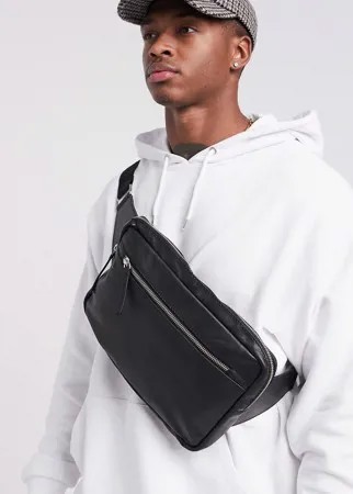 Черная кожаная сумка-кошелек через плечо с молнией спереди ASOS DESIGN-Черный