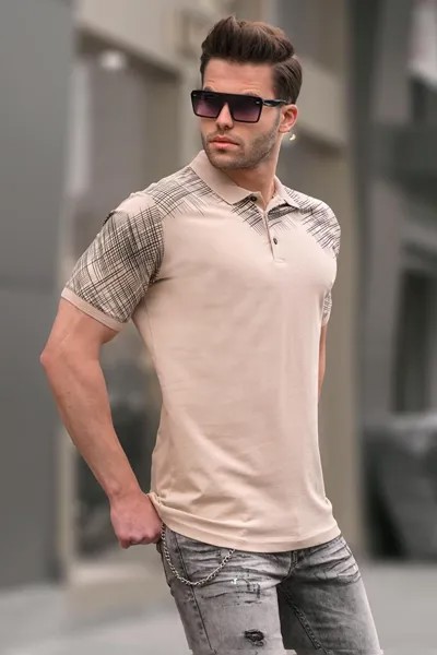 Бежевая мужская футболка поло с рисунком 6082 MADMEXT