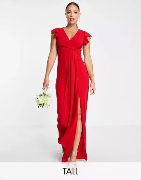 Красное платье подружки невесты макси TFNC Bridesmaid с развевающимися рукавами и рюшами