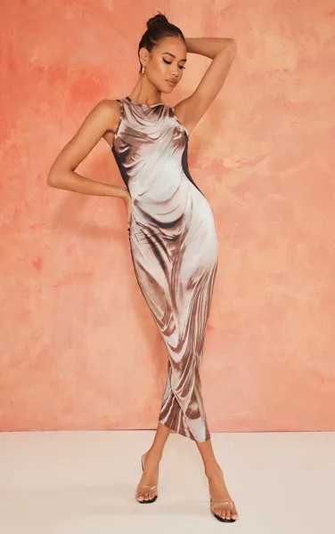 PrettyLittleThing Платье мидакси с каменным абстрактным принтом