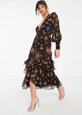 Платье миди с цветочным принтом, глубоким вырезом, застежкой на пуговицы спереди, длинными рукавами и юбкой с оборками ASOS DESIGN-Многоцветный