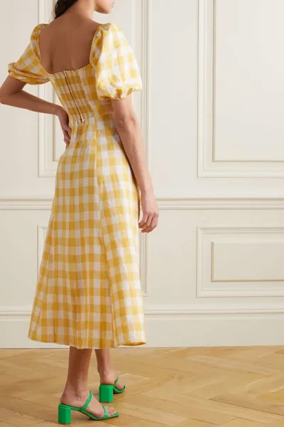 REFORMATION платье миди из льна в мелкую клетку с вырезами Pompano, желтый