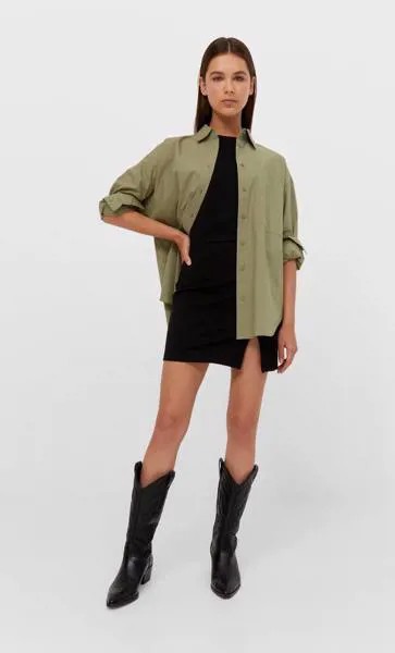 Stradivarius Рубашка Прямого Кроя Хаки Xs