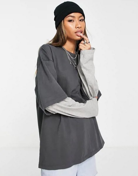 Темно-серая свободная футболка-лонгслив с дизайном «2 в 1» Topshop-Серый