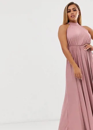 Плиссированное приталенное платье макси с американской проймой ASOS DESIGN Petite-Розовый