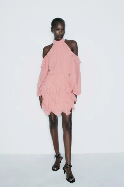 Мини-платье с оборками ZARA, цвет marsala