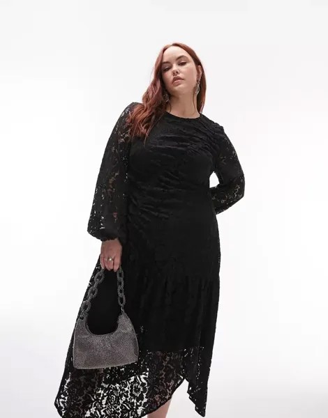 Черное кружевное платье миди со сборками и длинными рукавами Topshop