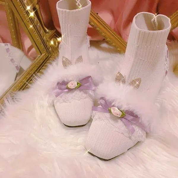 Японские плюшевые ботинки с бантом в Стиле Лолита, короткие ботинки на высоком каблуке для девочек, милая осенне-зимняя обувь с кроличьими у...