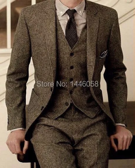 Новинка 2020, дизайнерские брюки и пальто, зимние коричневые твидовые деловые костюмы для свадьбы, облегающие мужские смокинг для жениха из 3 предметов