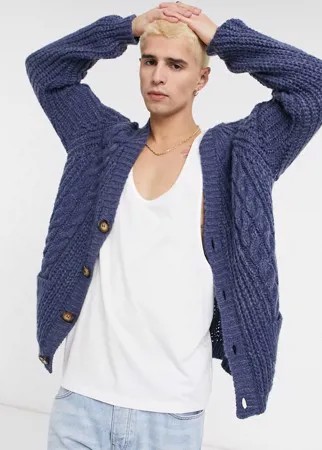 Темно-синий кардиган с пуговицами и вязкой косами ASOS DESIGN-Голубой