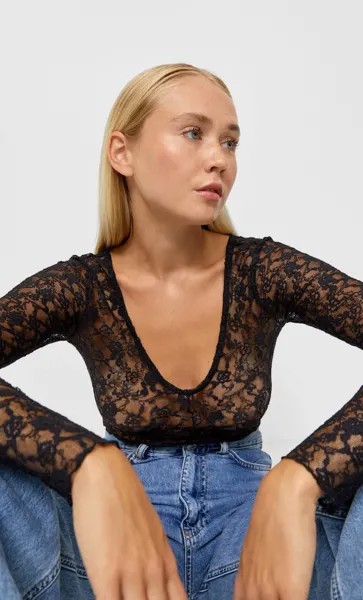 Stradivarius Боди С Кружевной Отделкой Черный S